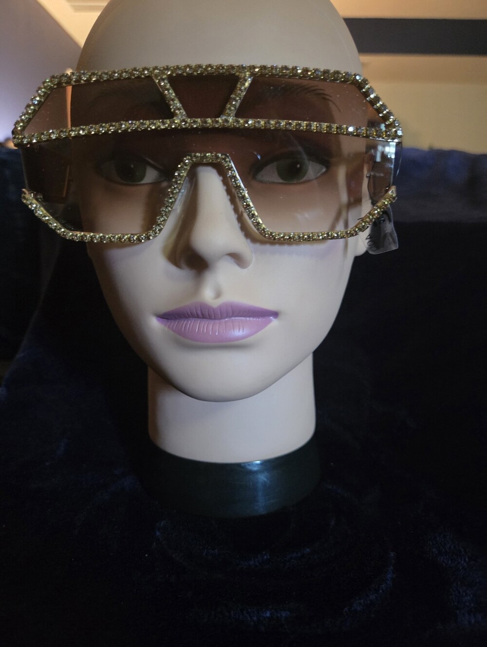 Rhinestone Embellished Oversized Shield Sunglasses - Gold Brown